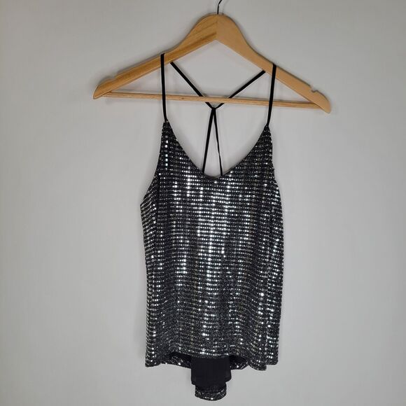 CHELSEA28 Sequin Cami Top Size S Silver Mirrored Dainty Crisscross Strappy - Picture 4 of 7